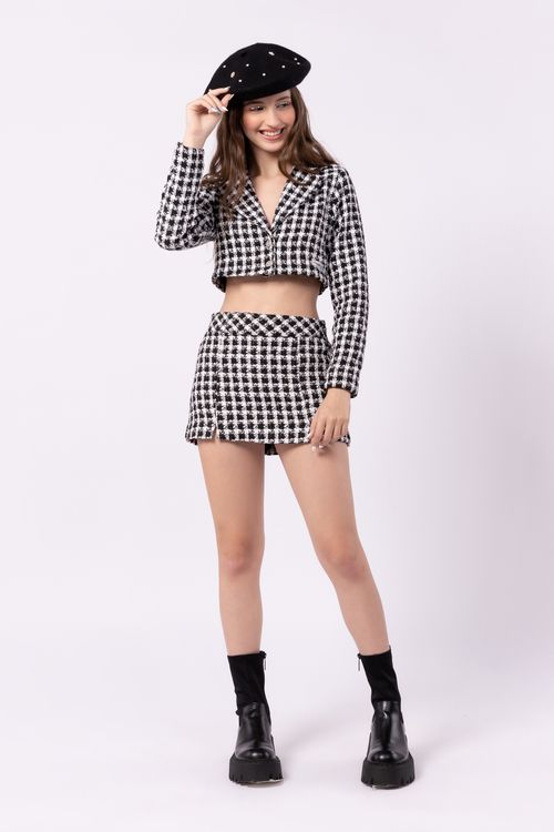 Saia-short teen menina cintura baixa em tweed