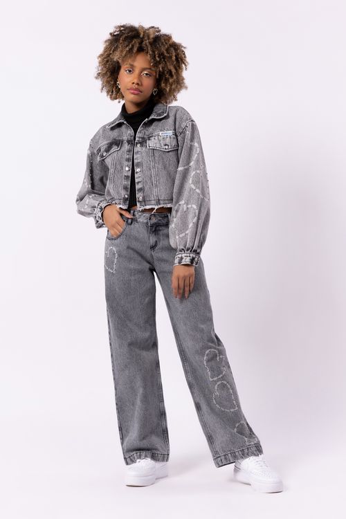 Jaqueta jeans com corações teen menina