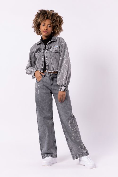 Calça jeans teen feminina modelo wide leg cintura baixa
