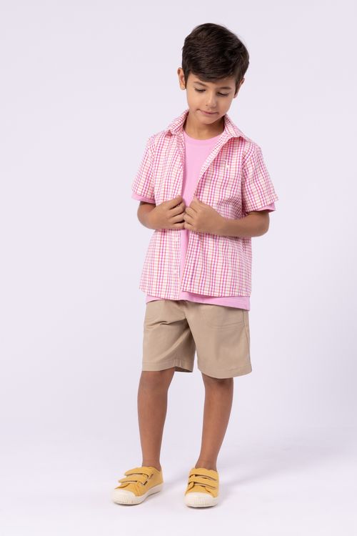 Camisa infantil para menino de manga curta xadrez rosa