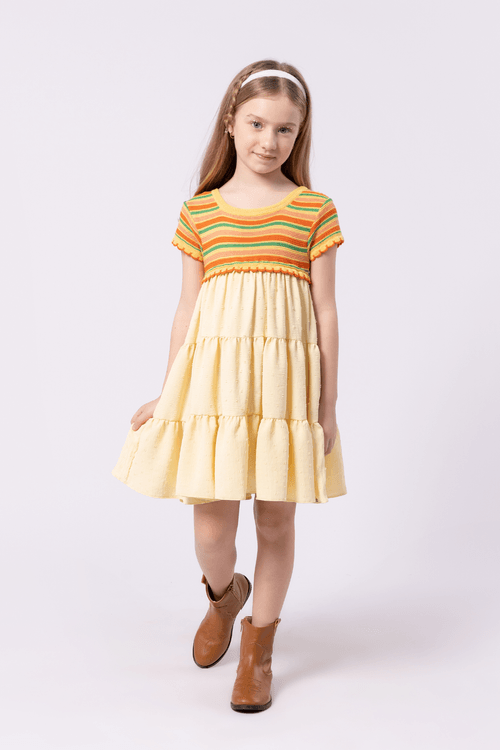Vestido infantil com corpo em Tricô e saia em tricoline plumets