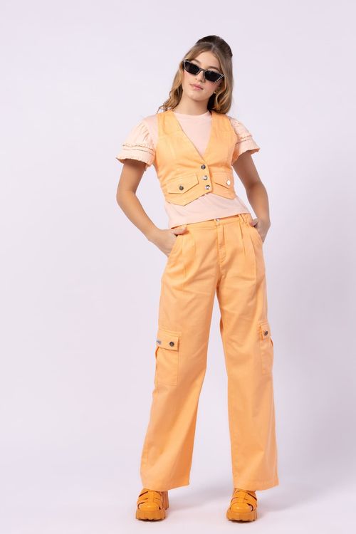 CALÇA WIDE LEG CARGO EM SARJA 100% ALGODÃO