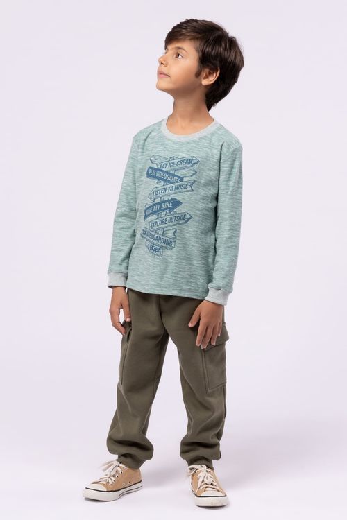 CAMISETA MANGA LONGA MEIA MALHA MESCLA VERDE C/ SILK FRENTE