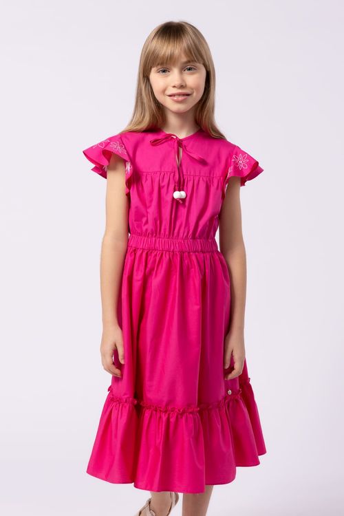 Vestido midi infantil para menina em tricoline com bordado