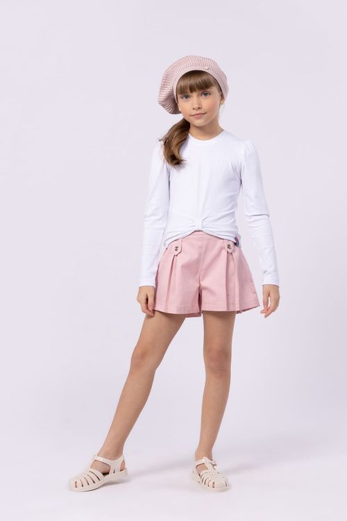 Short infantil para menina em sarja acetinada com pregas frontais