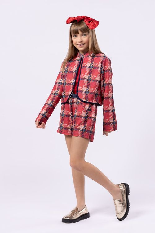 Conjunto infantil para menina de casaco e short em malha tweed estampada