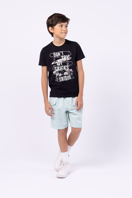 CONJ. CAMISETA MALHA 100% ALGODÃO E BERMUDA SARJA TEXTURA DE LINHO