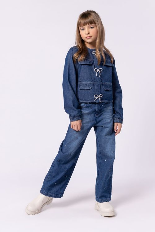 CALÇA JEANS WIDE LEG COM STRASS PARA MENINA