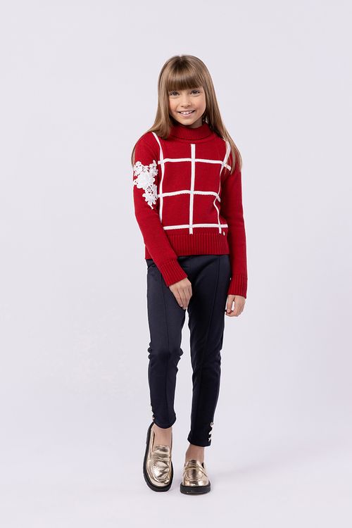 Blusa infantil para menina manga longa em tricô xadrez
