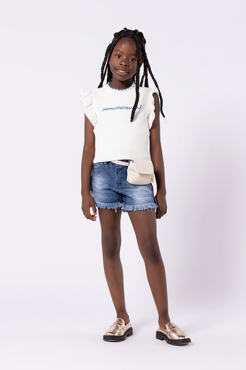 Short Menina Jeans com Franjas Laterais