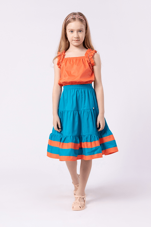 Conjunto Menina Top e Saia Midi em Tricoline Bicolor com Bordado