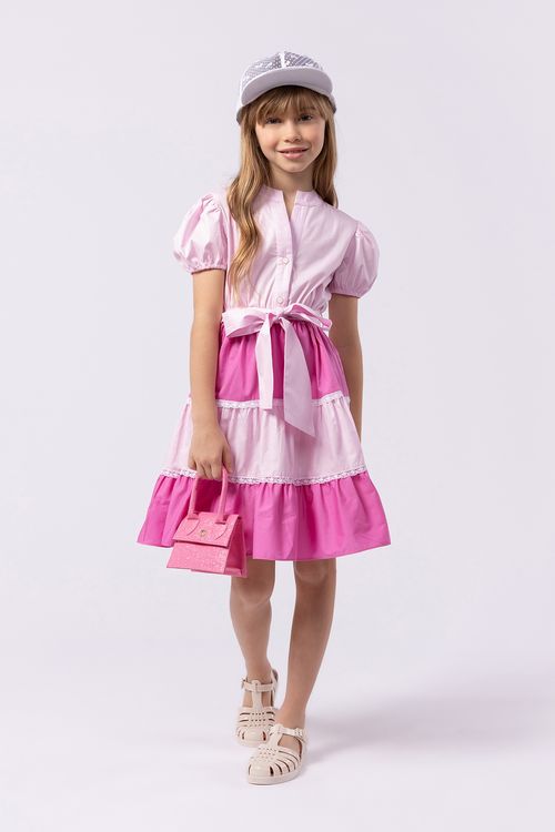 Vestido midi infantil para menina em tricoline bicolor