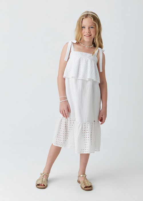 Vestido Midi Infantil em Tricoline Maquinetada com Babados Godê em Laise