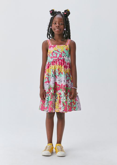 Vestido Infantil em Tricoline Estampada com Alças de Cadarço Colorido
