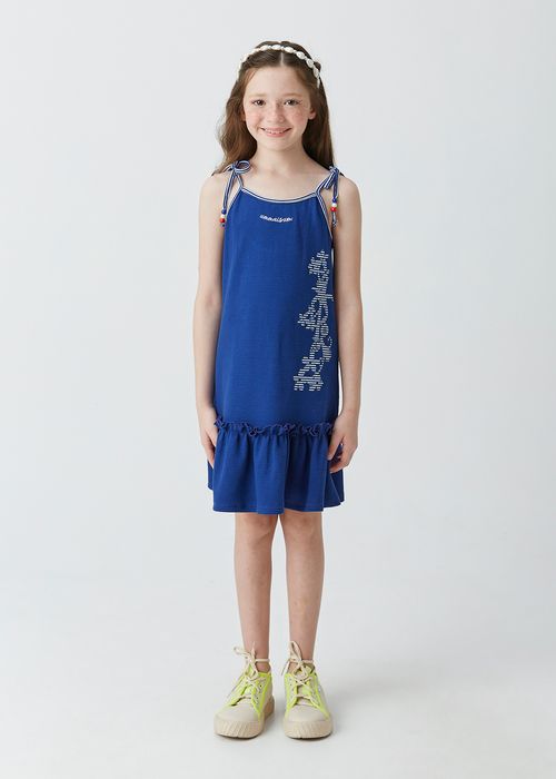 Vestido Jumper Infantil em Malha Piquet com Alças e Aplique de Malha Canelada Listrada
