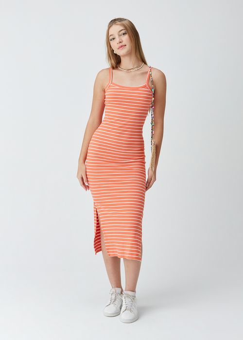 Vestido Midi Teen em Malha Canelada Listrado