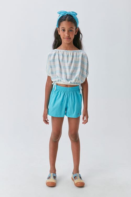 Conjunto Infantil para Menna Blusa Cropped em Viscolinho Estampado com Short em Tricoline