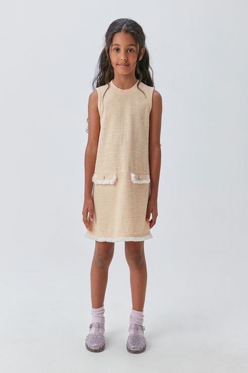 Vestido Jumper Infantil em Malha com Detalhe de Lapela de Bolso e Franja