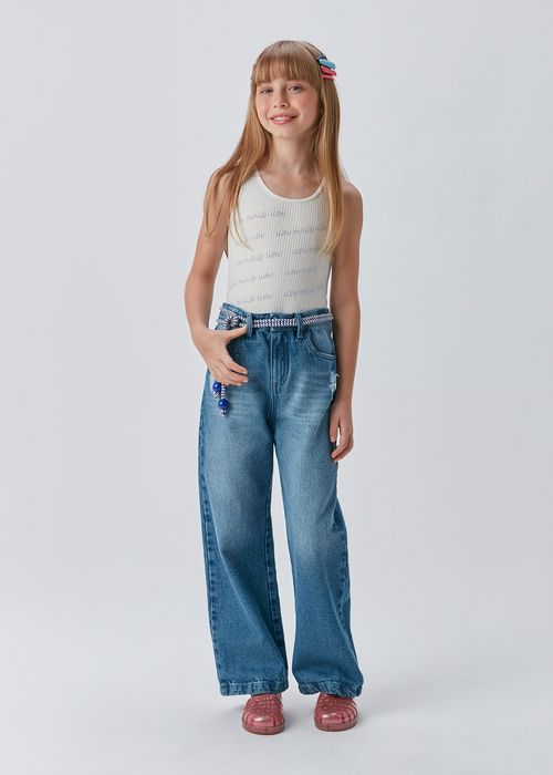 Calça Wide Leg Jeans Infantil para Menina com Bolsos Puídos e Aplique em Strass