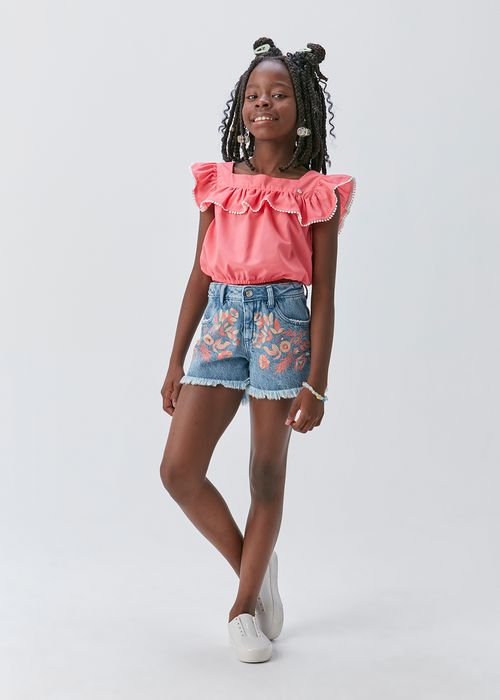 Blusa Infantil para Menina em Tricoline com Detalhe em Guipure
