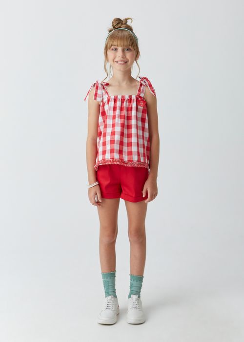 Conjunto Infantil para Menina Bata em Tricoline Xadrez e Short em Sarja
