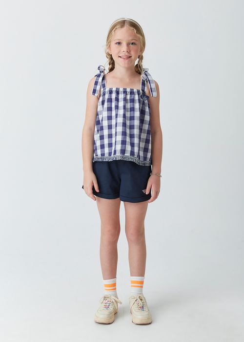 Conjunto Infantil para Menina Bata em Tricoline Xadrez e Short em Sarja