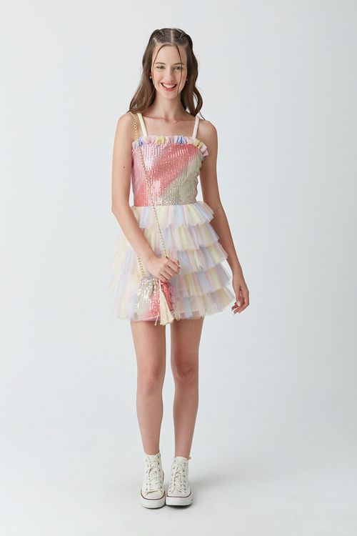 Vestido Teen para Festa em Paetê com Tule de Degradê