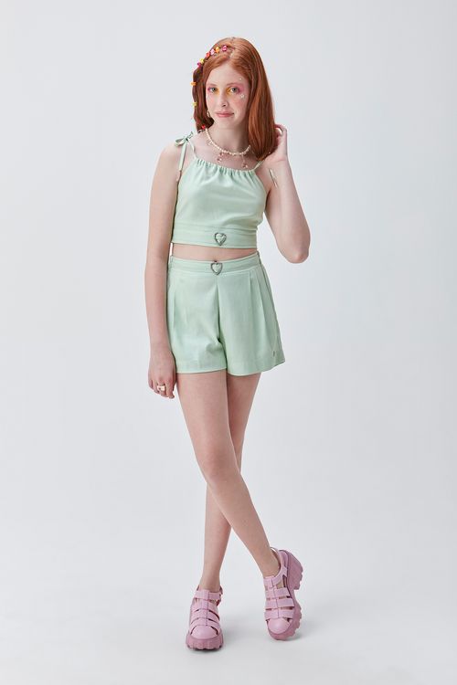 Blusa Cropped Teen de Linho e Viscose com Coração de Strass