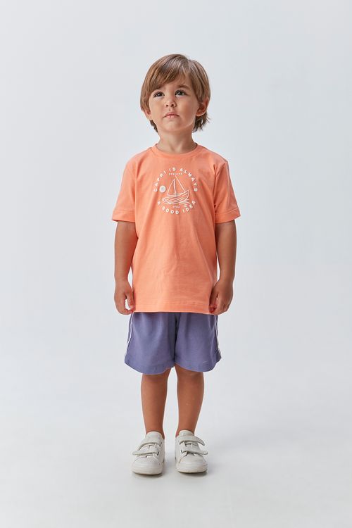Conjunto Infantil para Menino Camiseta em Malha 100% Algodão com Estampa e Bermuda de Linho Misto