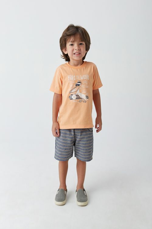 Conjunto Infantil para Menino Camiseta em Malha 100% Algodão com Estampa Pelicano e Bermuda em Sarja