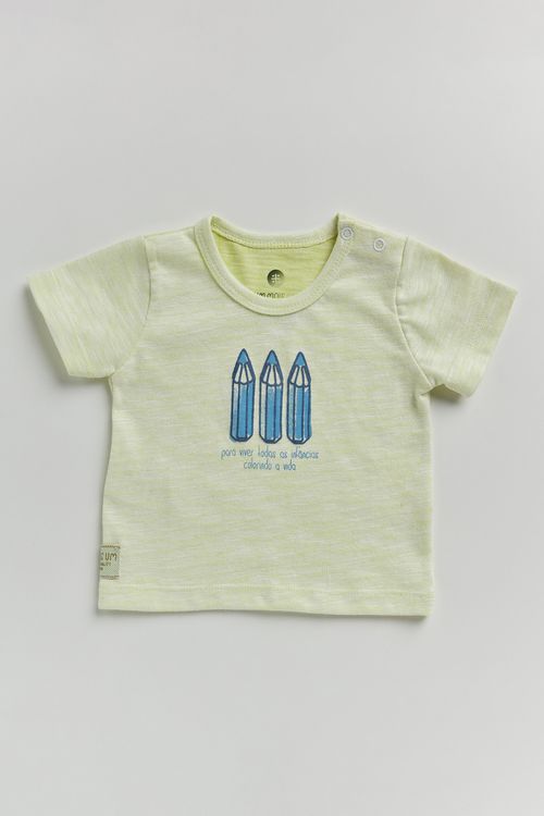 Camiseta Infantil para Beê de Malha Flamê 100% Algodão com Estampa Lápis Efeito Puff