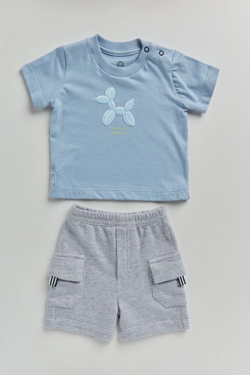 Conjunto para Bebê Camiseta de Malha 100% Algodão com Estampa Cachorrinho de Bexiga e Bermuda de Mol