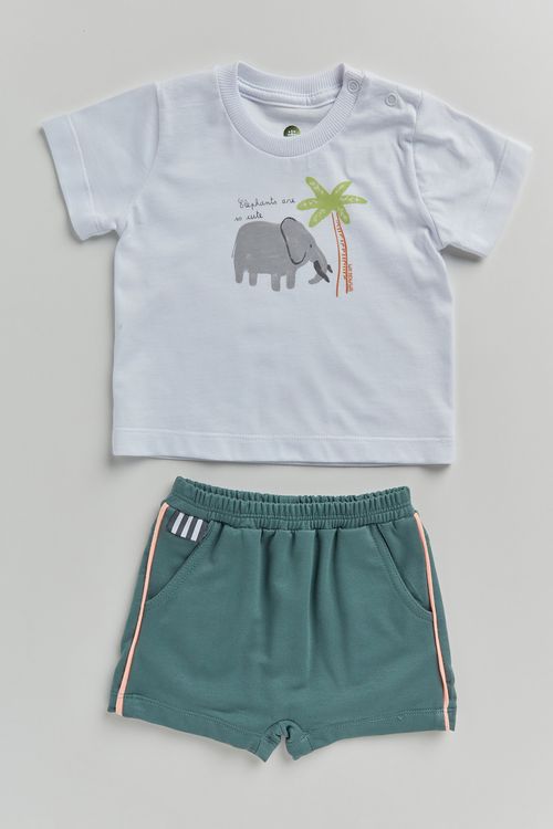 Conjunto para Bebê Camiseta de Malha 100% Algodão cxom Estampa de Elefante e Bermuda de Moletinho de