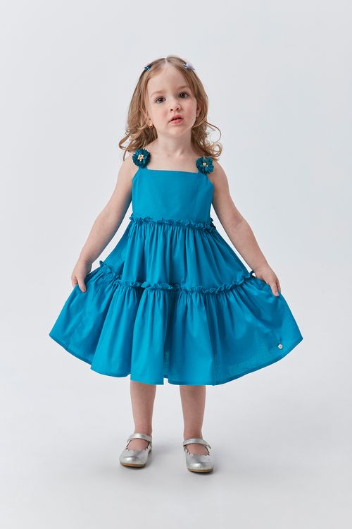 Vestido Midi Infantil de Tricoline com Flores nas Alças