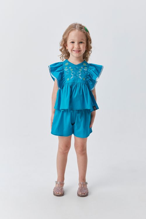 Conjunto Infantil para Menina Bata e Short de Tricoline com Bordado