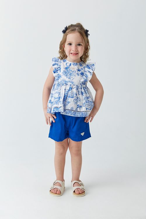 Conjunto Infantil para Menina BLusa de Tricoline Estampada e Short de Sarja