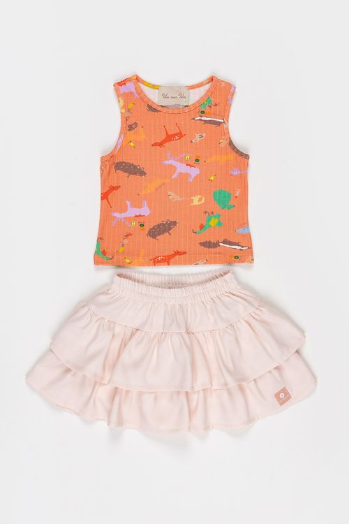 Conjunto Infantil para Menina Regata de Malha Canelada Esampada e Saia-Short de Crepe