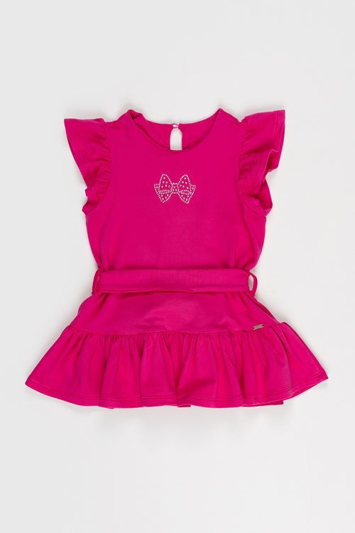 Vestido Infantil de Moletinho com Detalhe Strass e Faixa na Cintura para Amarração