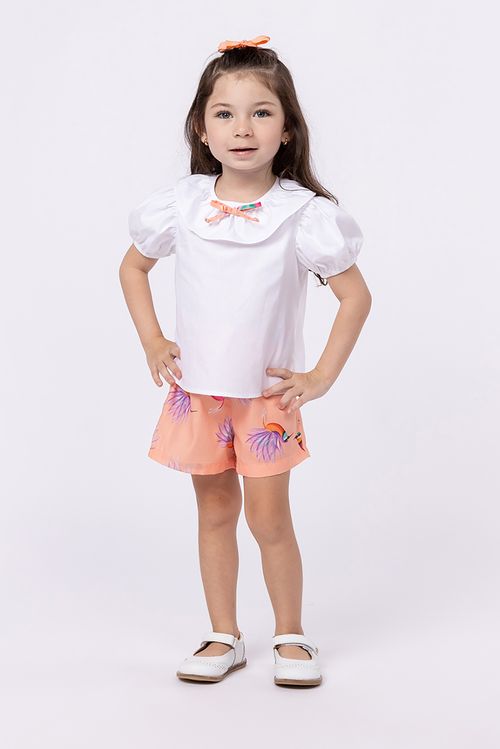 Conjunto bata e short em tricoline estampada para bebê menina