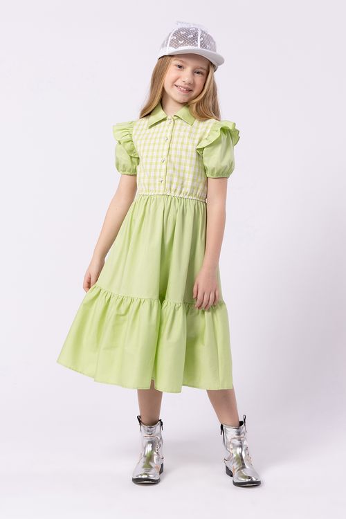 Vestido  midi infantil para menina em tricoline com jacquard xadrez