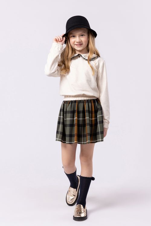 Blusa infantil para menina em moletom com babado em crepe xadrez na gola