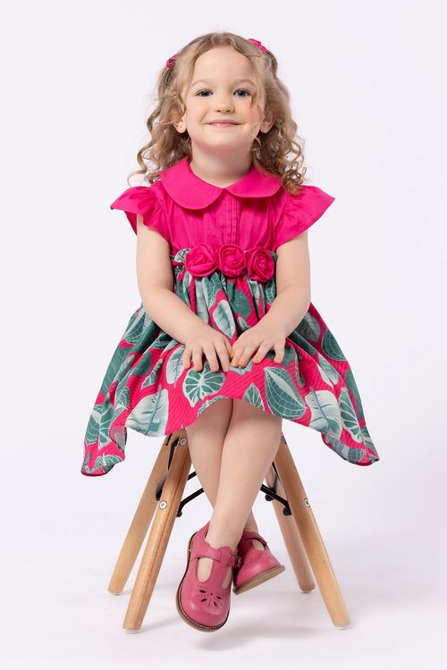 Vestido Midi Infantil em Mix de Tricoline Lisa e Estampada