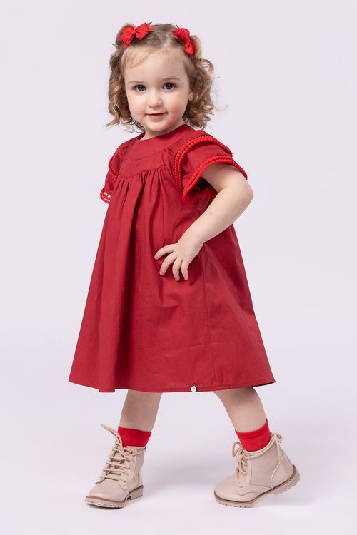 Vestido Infantil de Tricoline com Pompom nas Mangas