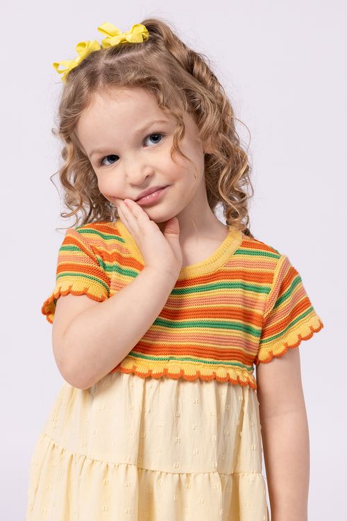 Vestido Infantil com Corpo de Tricô e Saia de Tricoline Plumets