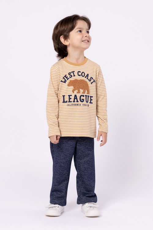 Conjunto Infantil para Menino Camiseta de Malha Listrada e Calça Social de Moletom