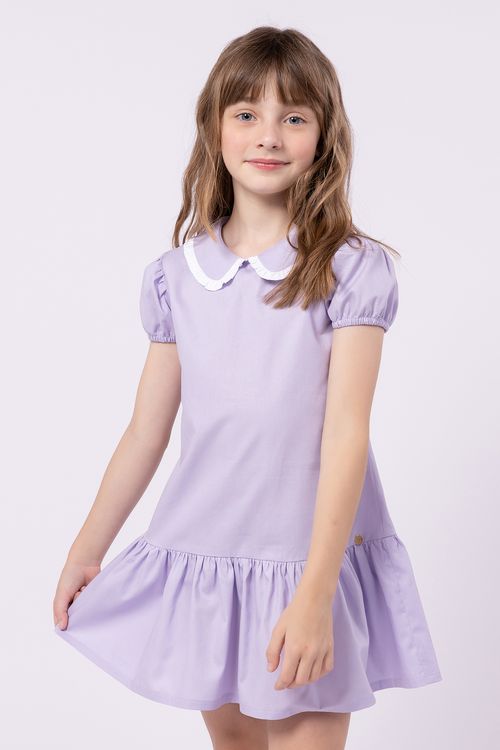 Vestido Infantil de Tricoline com Detalhe Contrastante na Gola