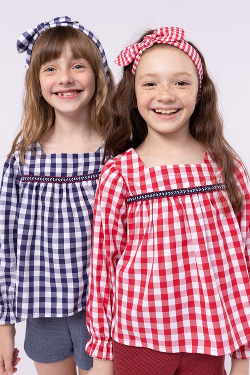 Bata Infantil de Tricoline Xadrez com Babado na Manga