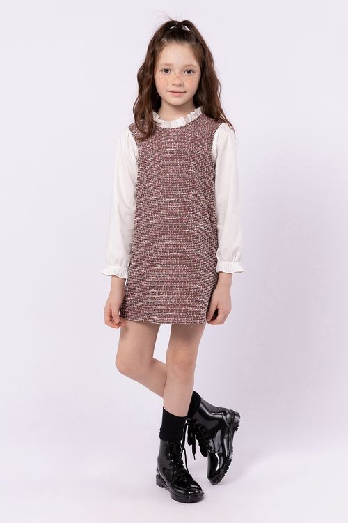 Vestido Jumper Infantil de Malha Tweed com Manga e Gola em Tricoline