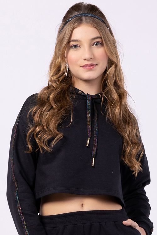 Blusa Teen Cropped de Moletom com Capuz