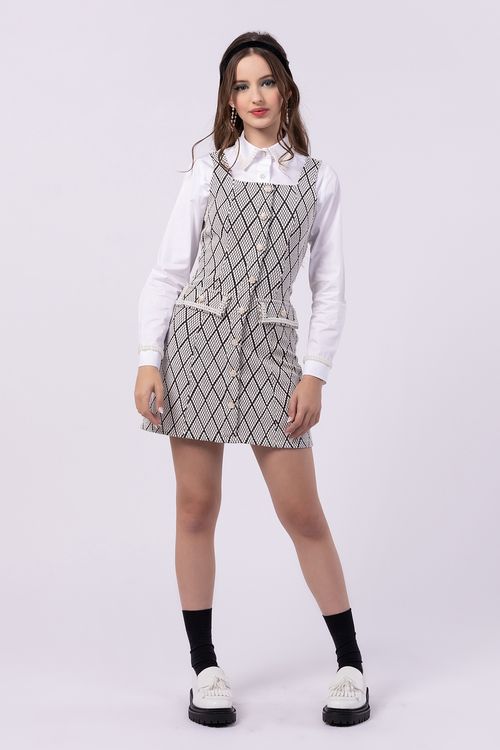 Vestido Teen de Malha Jacquard com Detalhe em Pérola